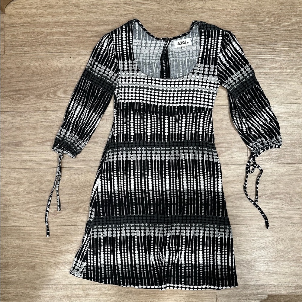 Costa Blanca empire waist, black, gray, and white stretch mini dress, XS